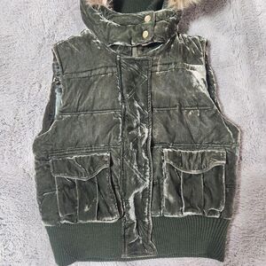 Vintage 2007 Old Navy Olive Green velour velvet puffer vest with faux fur hood
